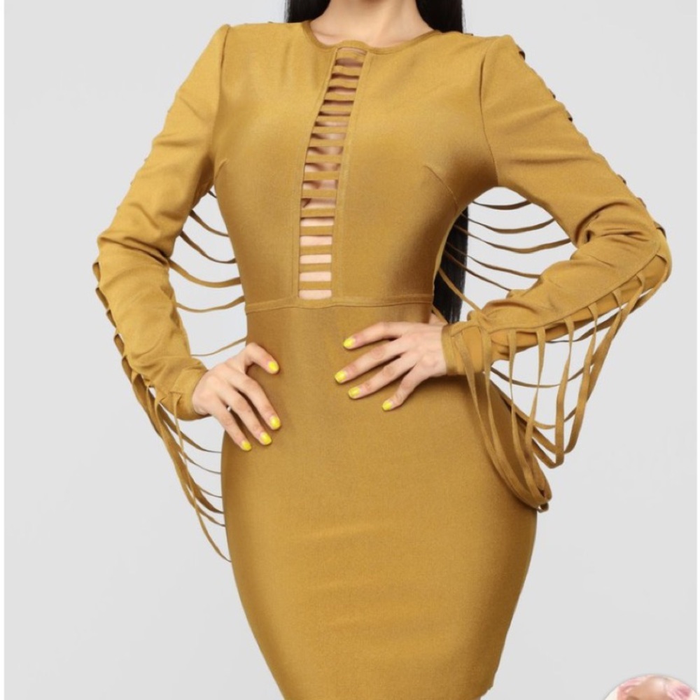 Fashion Nova Mustard Long Sleeve Cutout Bodycon Dress